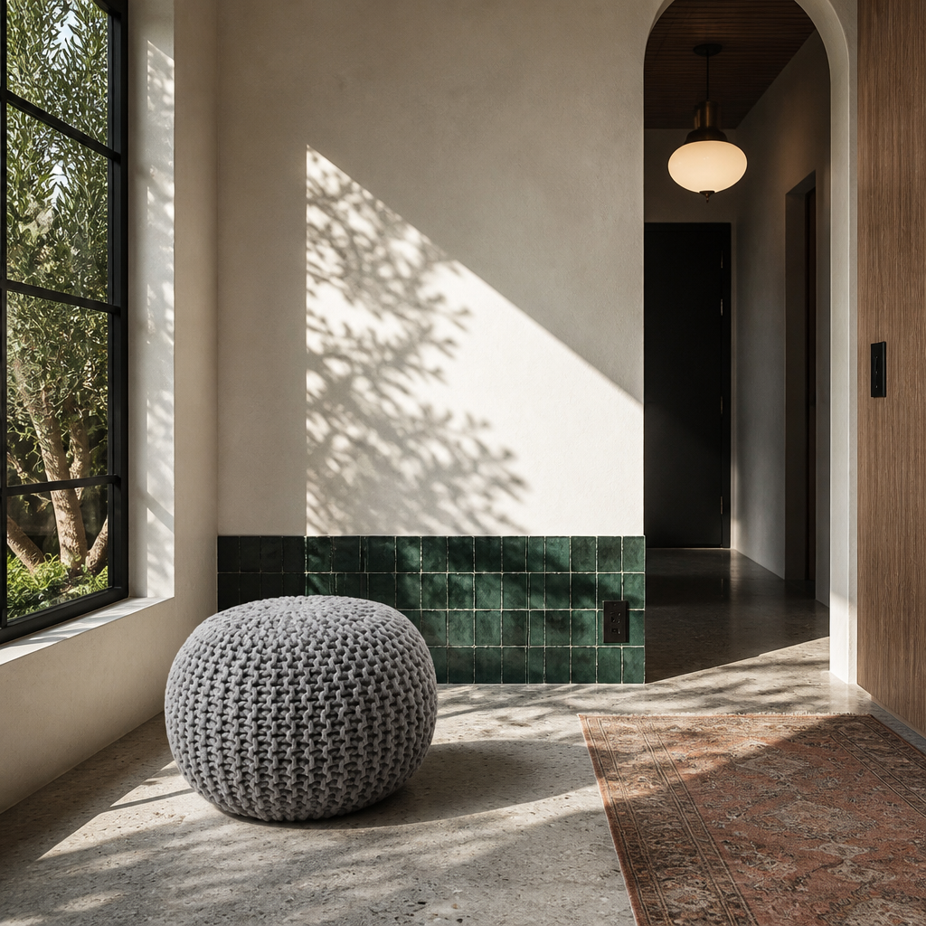Grey knitted pouf ottoman on polished concrete beside a green zellige tile accent