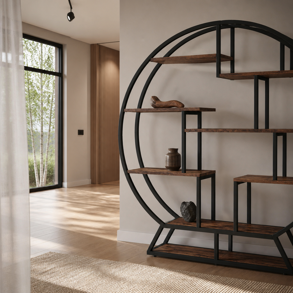 Wide low view of the circular bookshelf cropped at the frame edge in a Nordic oak room