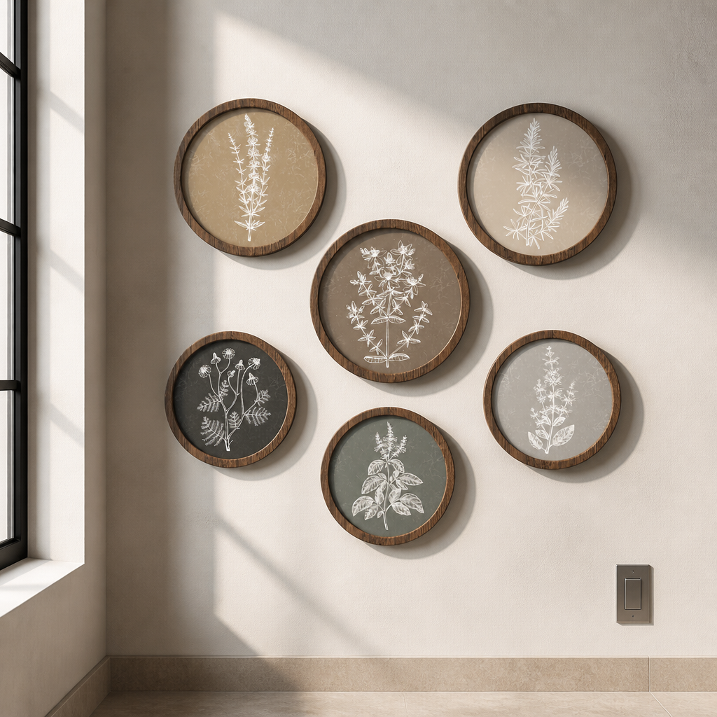 Set of six round wood framed botanical wall art pieces hung as a cluster