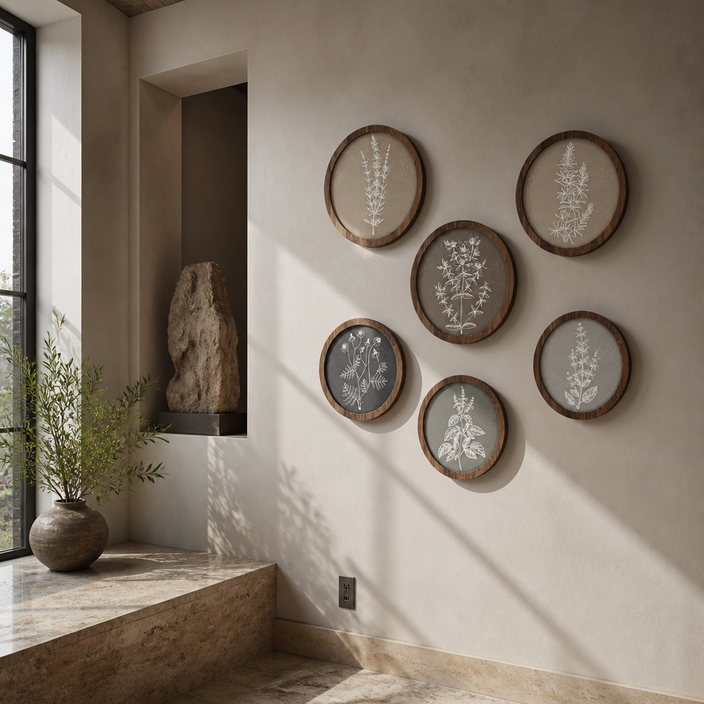Angled view of the six round botanical wall pieces in raking window light