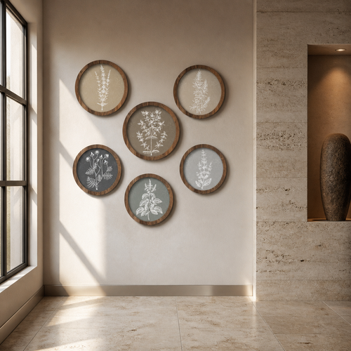 Six piece round botanical wall art arrangement on a bone plaster gallery wall
