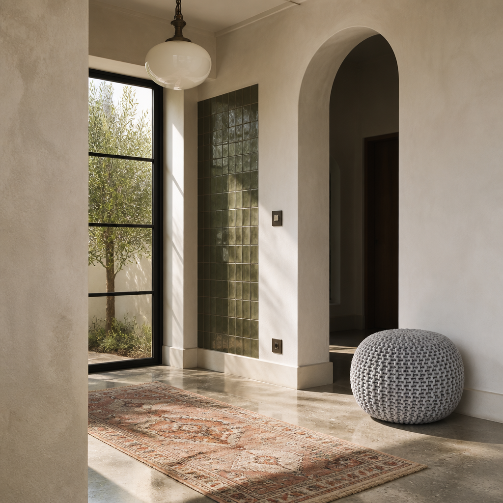 Grey knitted pouf ottoman in a wide mediterranean room with an arched opening