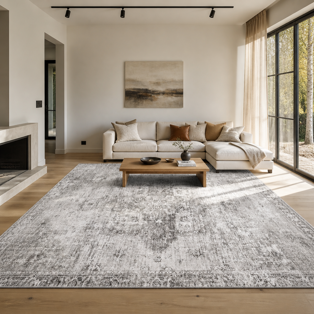 Grey distressed area rug in a nordic oak room with black steel glazing
