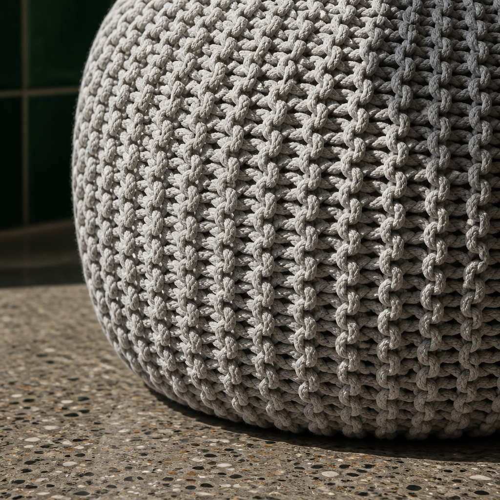 Macro detail of the braided cotton rope cable stitch of the grey pouf