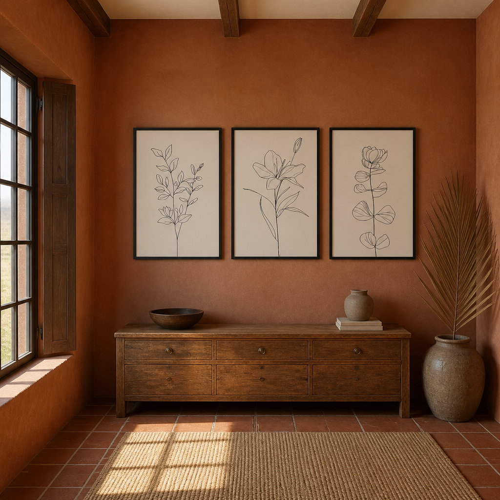 Three framed botanical line prints above a console in a terracotta interior