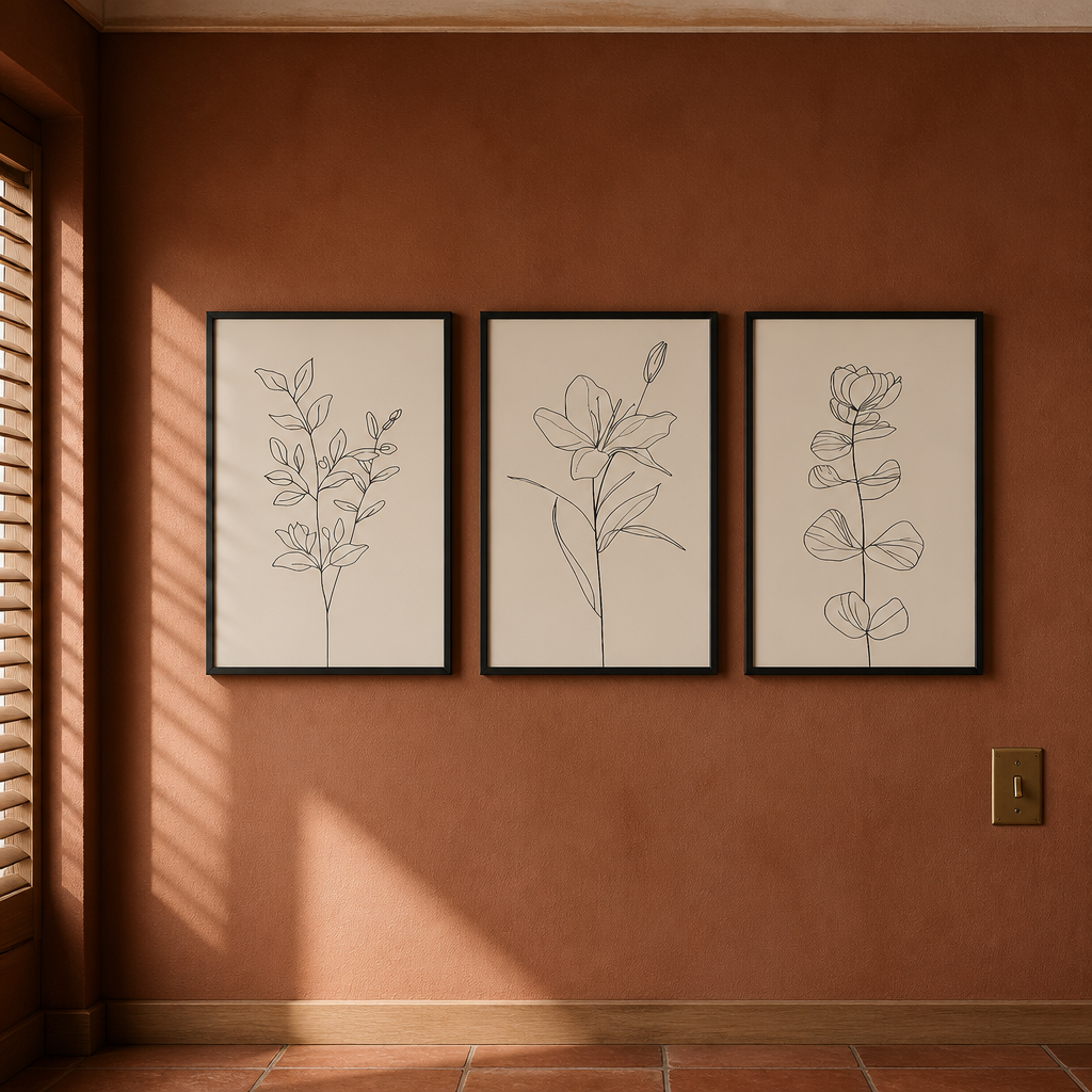 Set of three black framed minimalist line botanical prints hung in a row