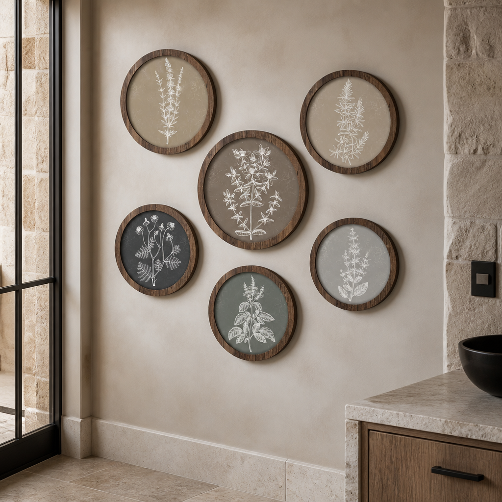 Close detail of a 10 inch round wood frame and its white line botanical print