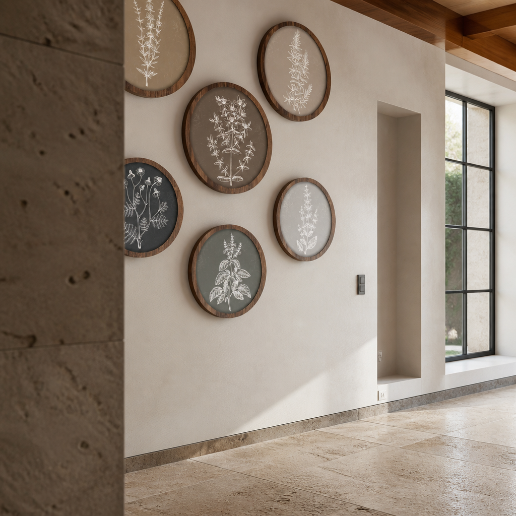Wide oblique view of the six piece botanical wall art set across a travertine interior
