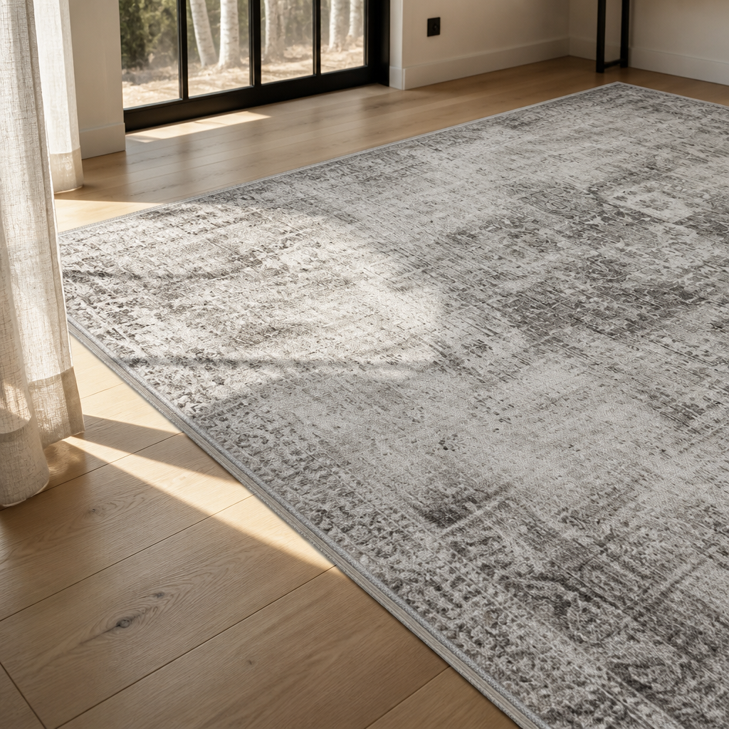 Bound edge and reinforced stitching of the grey distressed area rug