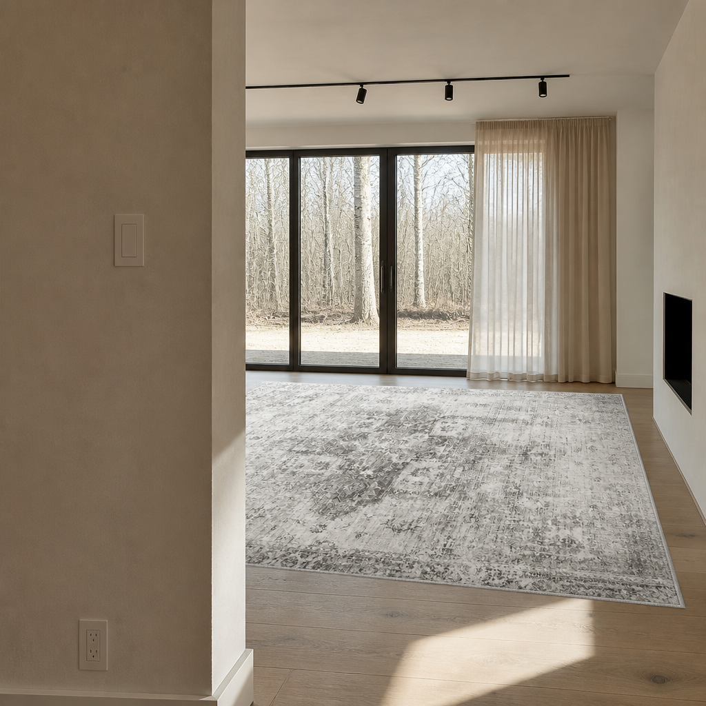 Grey distressed area rug seen through a doorway in a nordic oak interior