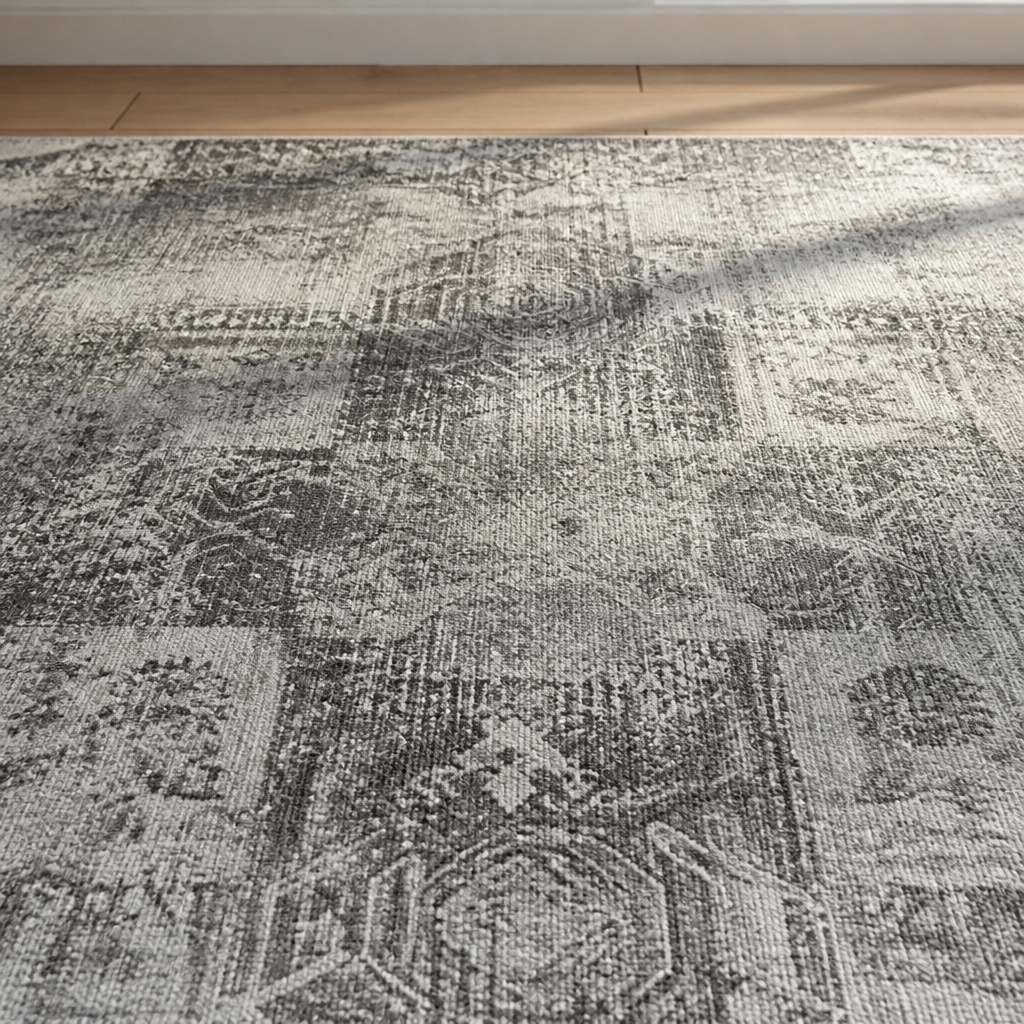 Macro detail of the low pile surface of the grey distressed area rug