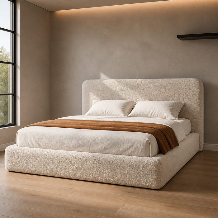 Cream boucle upholstered platform bed frame, three-quarter view