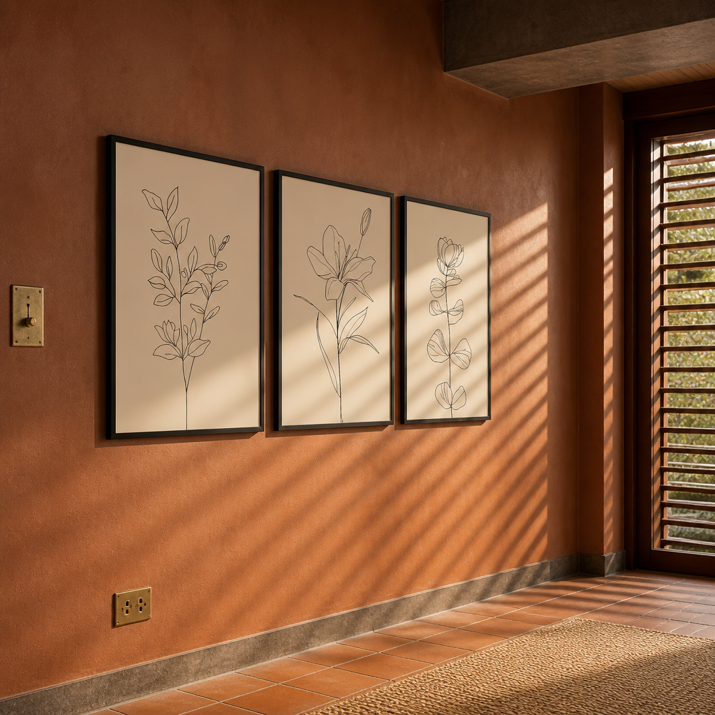 Angled view of the three black framed botanical prints in louvre shutter light