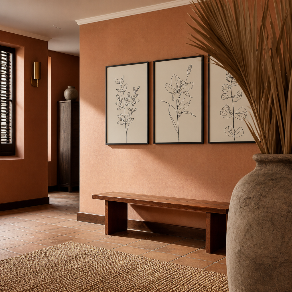 Wide oblique view of the three framed botanical prints across a terracotta room