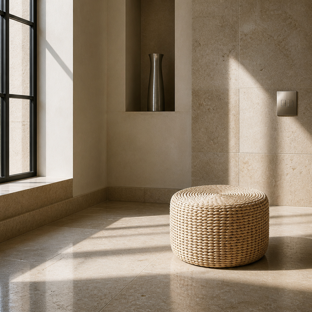 Natural straw woven ottoman on a travertine floor beside a sculptural niche
