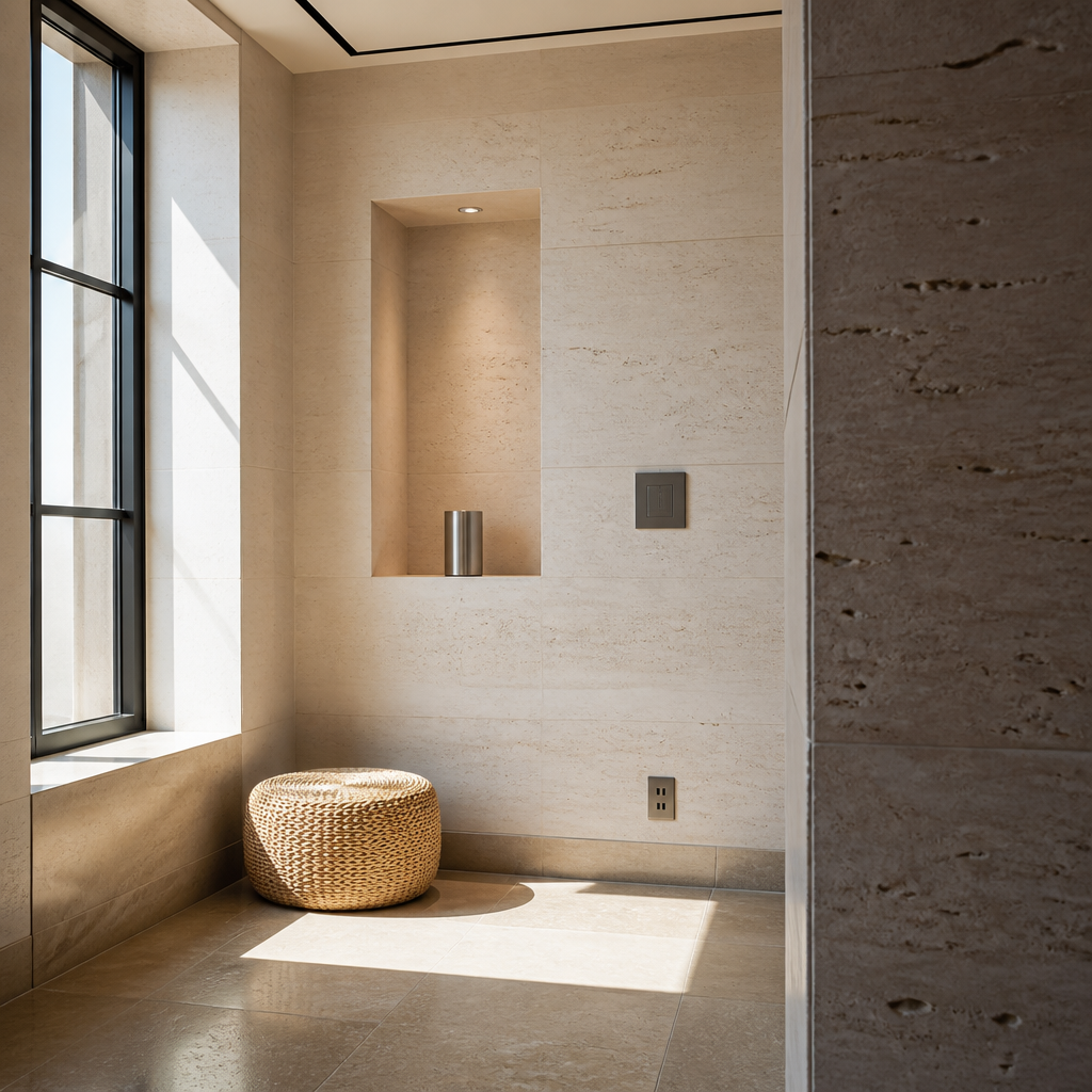 Woven straw ottoman in a wide travertine gallery room