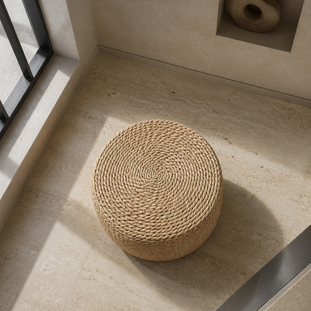 Overhead view of the coiled spiral crown of the woven straw ottoman