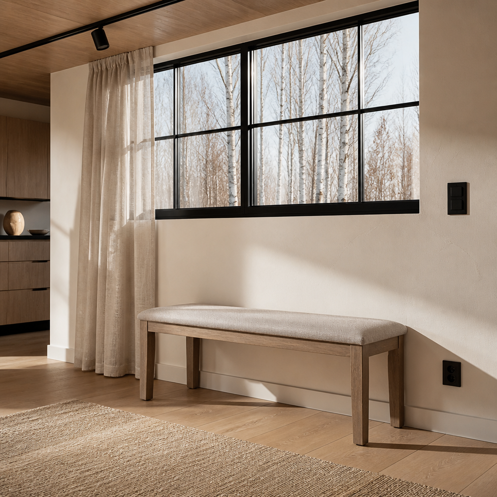 Blair wood bench against a plaster wall beneath black steel windows in a Nordic oak interior