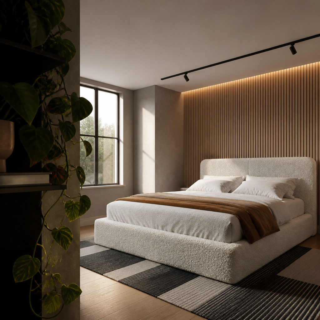 Wide oblique view of the cream boucle platform bed in a slat and microcement bedroom