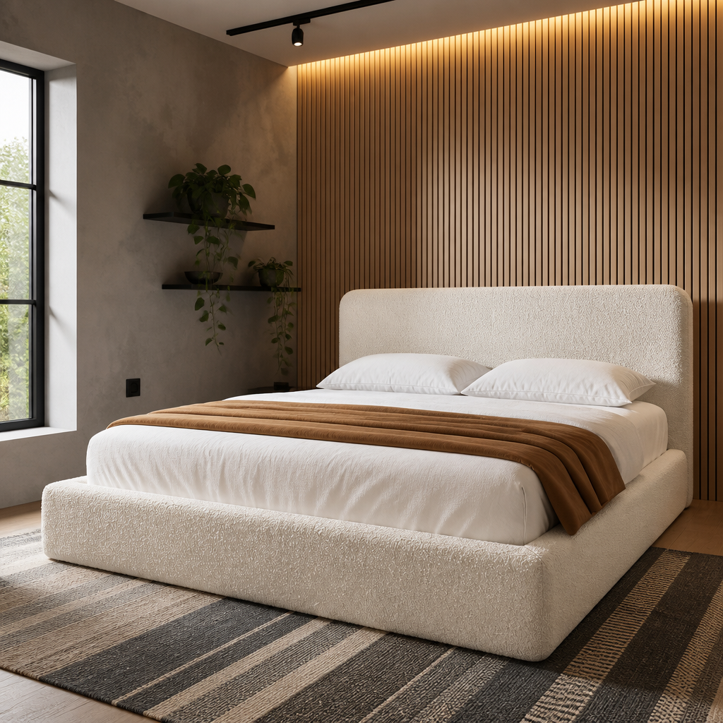 Cream boucle platform bed against a backlit white oak slat wall