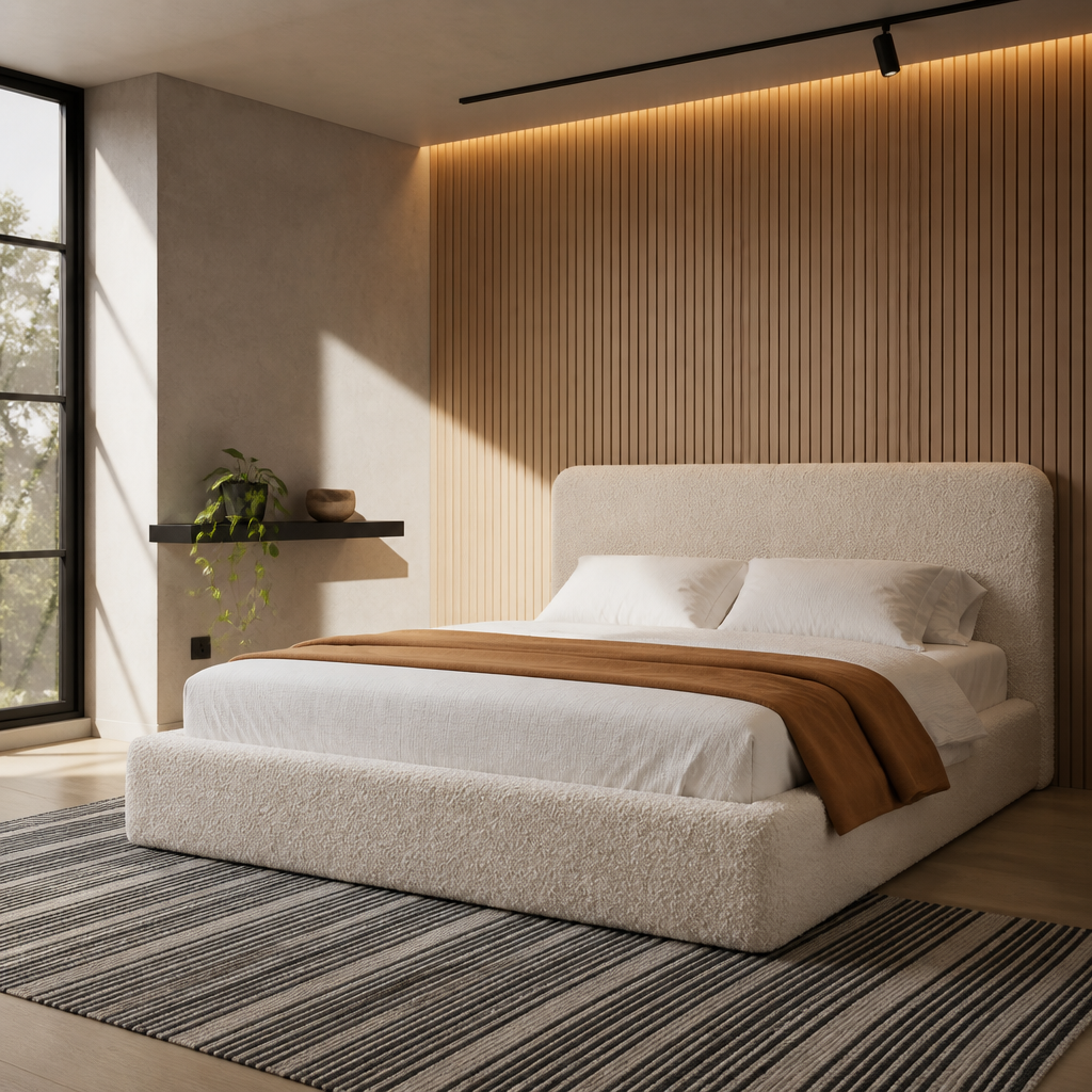 Low view from the foot of the cream boucle platform bed showing the thick rail