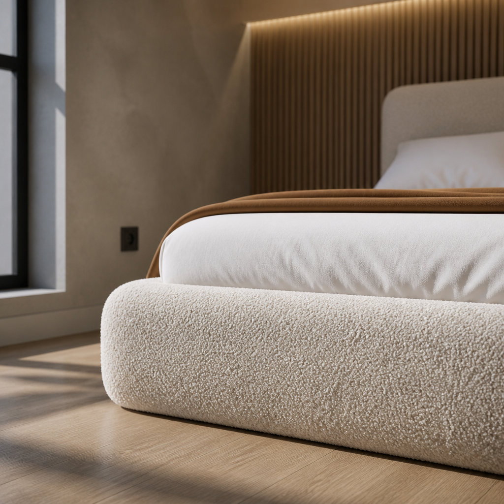 Close detail of the looped boucle rail corner where it meets the mattress deck