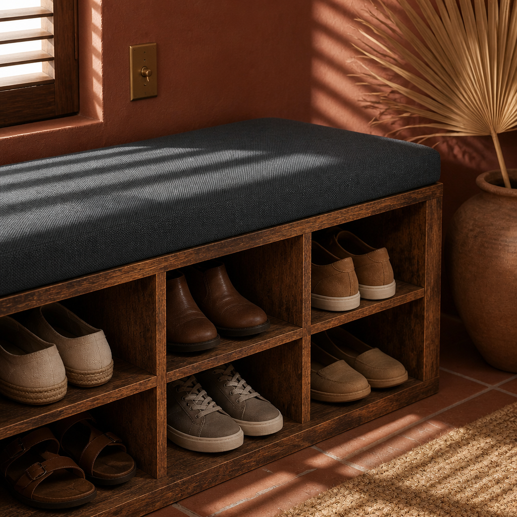 Close detail of the charcoal linen cushion meeting the rustic brown cubby case top