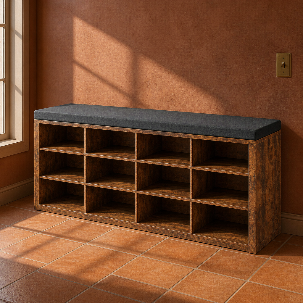 Rustic brown 16-cubby shoe storage bench with charcoal linen seat cushion against a rust plaster entryway wall