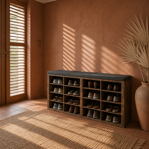 Shoe storage bench in a terracotta entryway with a jute rug, shoes stored upright in the open cubbies