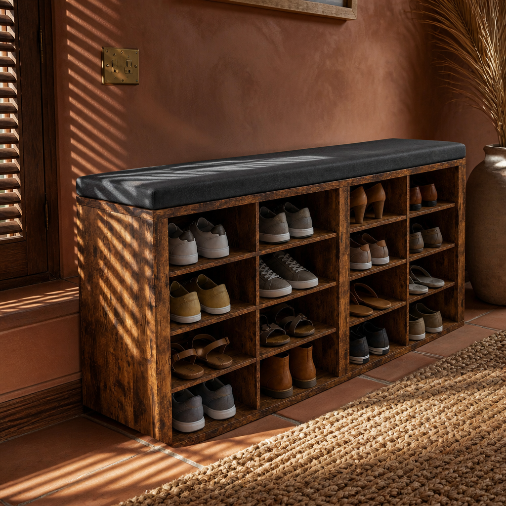 Low angle along the length of the 40.94 inch shoe storage bench over a terracotta tile floor