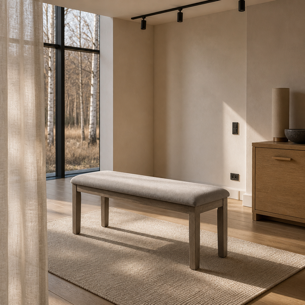 Blair wood bench seen down a Nordic oak room past a linen curtain, birch trees beyond the glazing