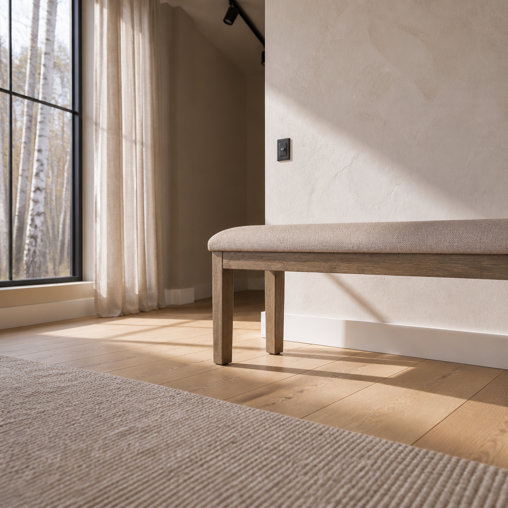 Low angle view of the Blair bench off centre on a white oak floor with an oatmeal wool rug