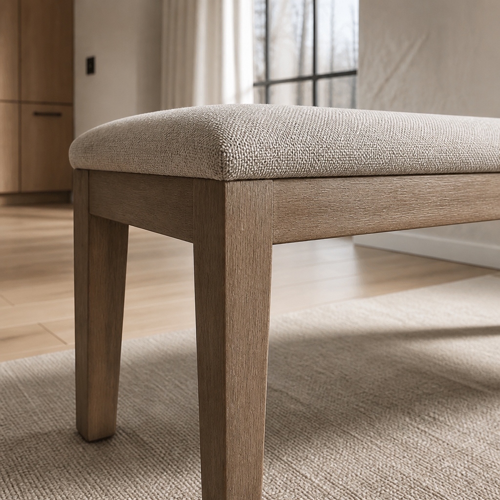 Macro detail of the oatmeal woven seat meeting the weathered wood frame and tapered leg of the Blair bench