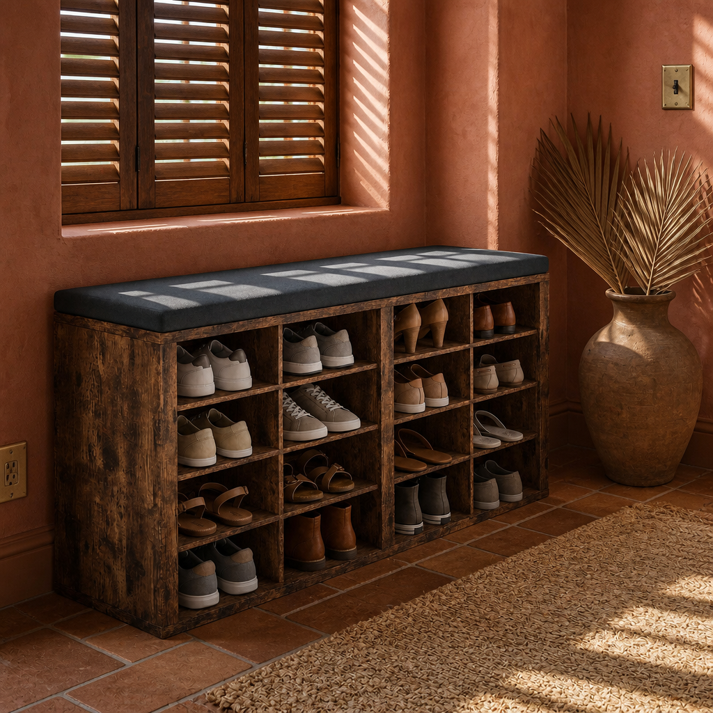 Shoe storage bench under a shuttered bedroom window bay with louvre shadows across the cushion