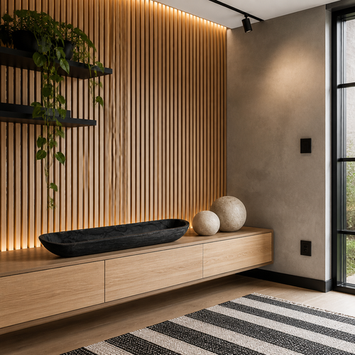 Black carved wood bowl styled on an oak console below a backlit oak slat wall