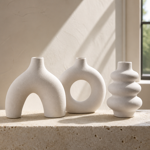 Set of three white matte ceramic boho vases, arch ring and stacked forms, 14.5 cm tall
