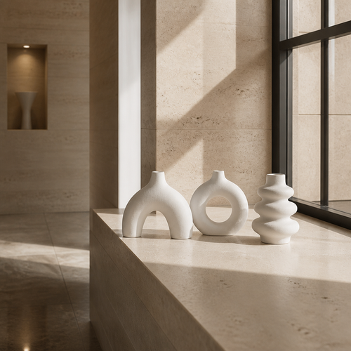 Three white ceramic vases grouped on a travertine ledge in a deep window reveal
