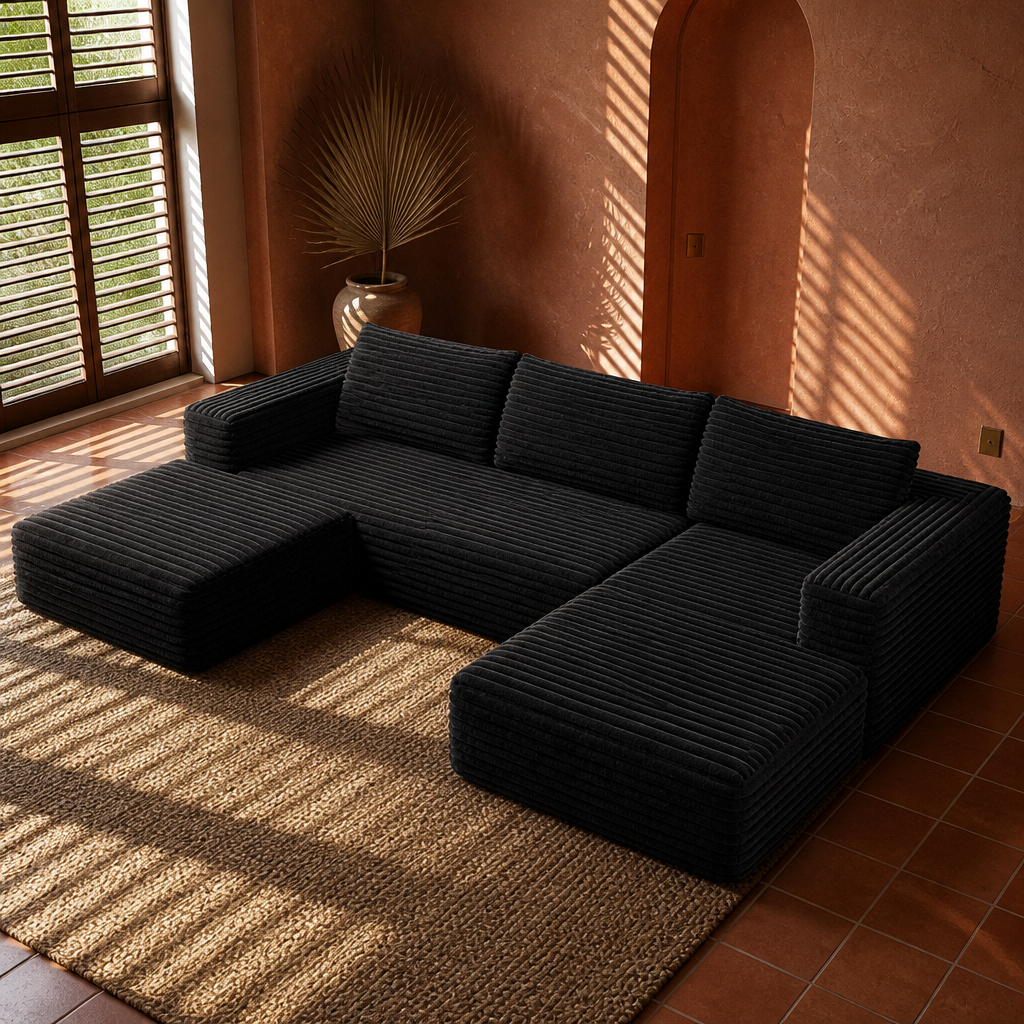 High three quarter view into the open U of the black corduroy modular sectional