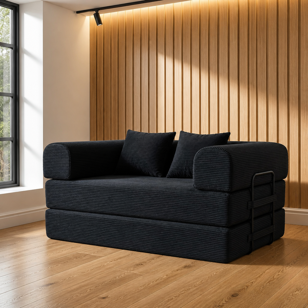 Black wide-wale corduroy folding sleeper loveseat, 59 inches wide, on a light oak floor