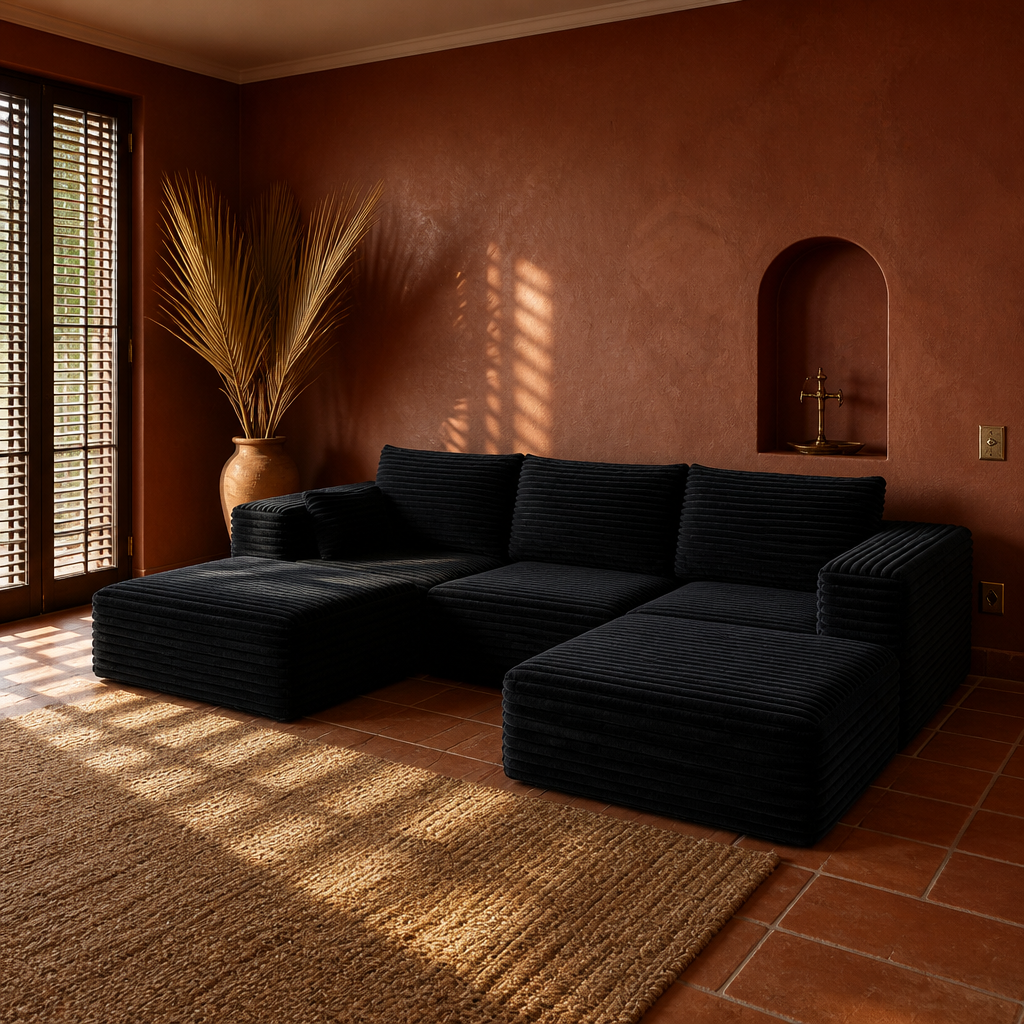 Low angle of the black corduroy sectional and its ottoman module on a jute rug over terracotta tile