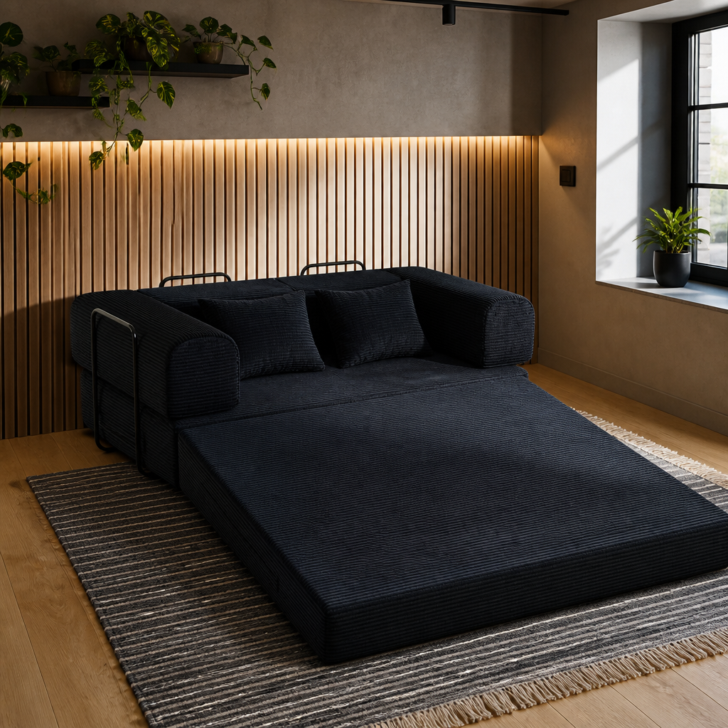 The sleeper loveseat unfolded into a 59 by 70.87 inch corduroy floor bed