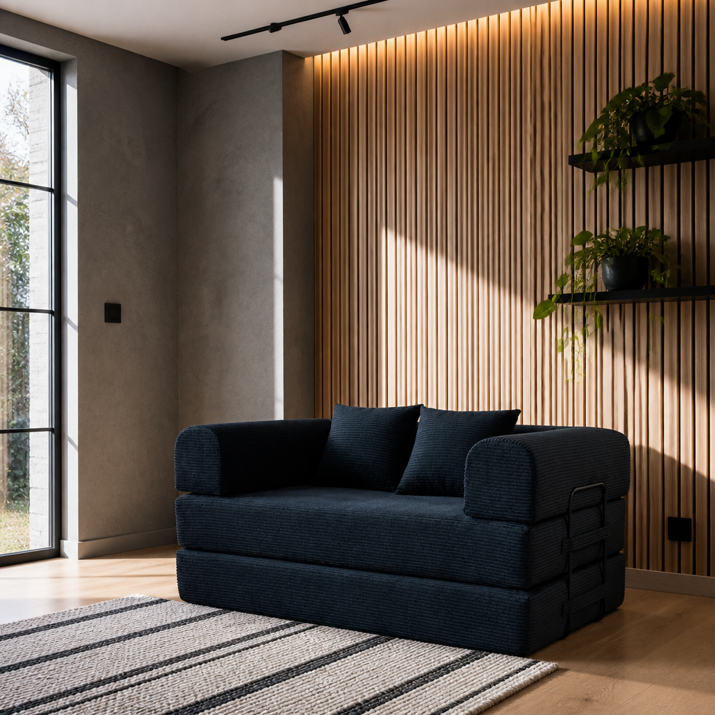 Black corduroy sleeper loveseat in a room with a backlit white oak slat wall and microcement