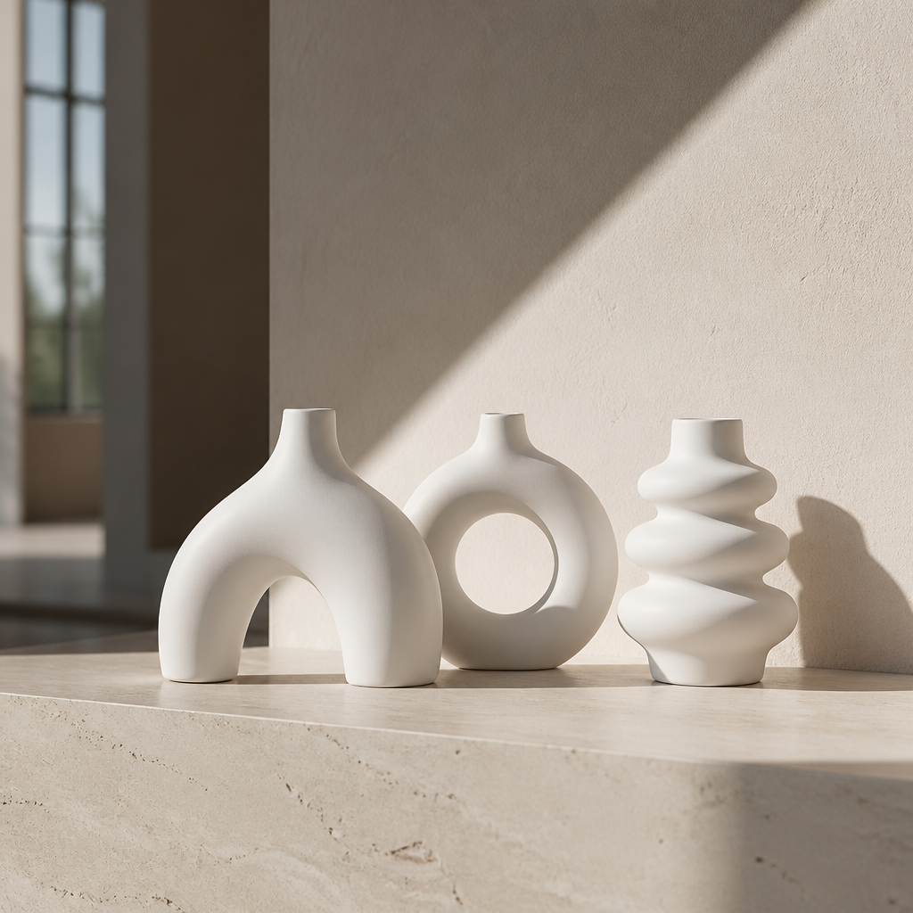 White colourway, set of three matte ceramic boho vases