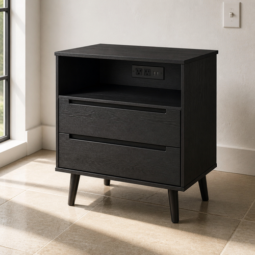 Black two-drawer nightstand with open charging shelf and splayed wood legs against a lime wash wall