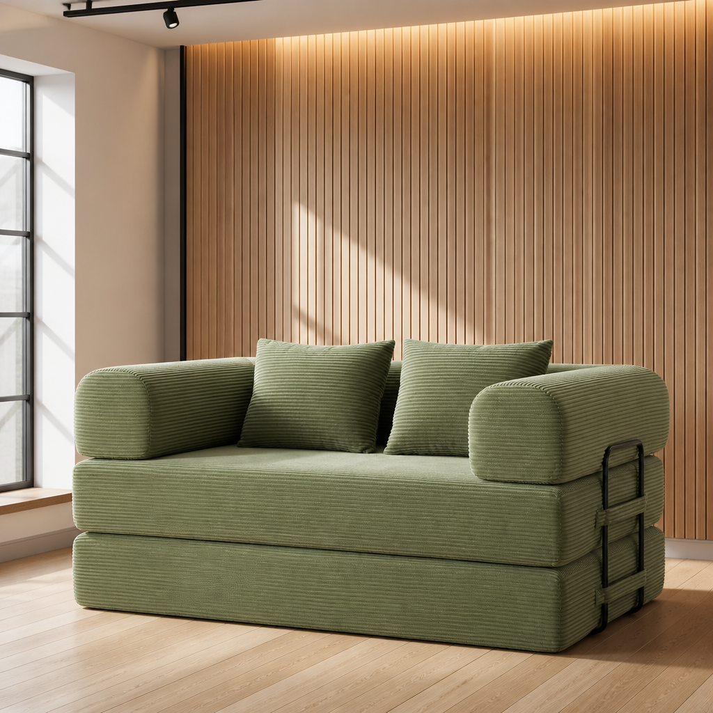Light green wide-wale corduroy folding sleeper loveseat, 59 inches wide