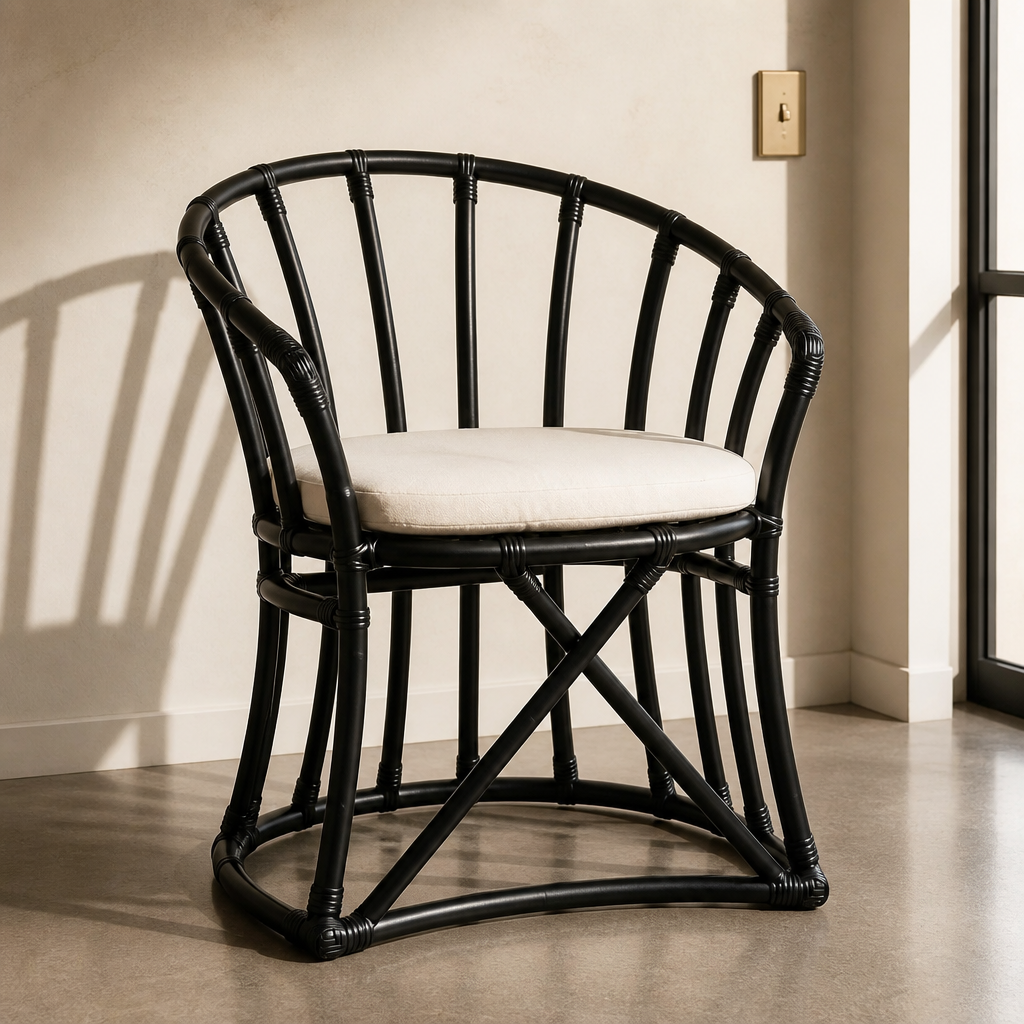 Black rattan barrel accent chair with cream round seat cushion against a bone plaster wall