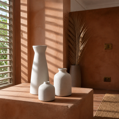 Three white speckled bottle vases on a clay plaster ledge under hard shutter shadows