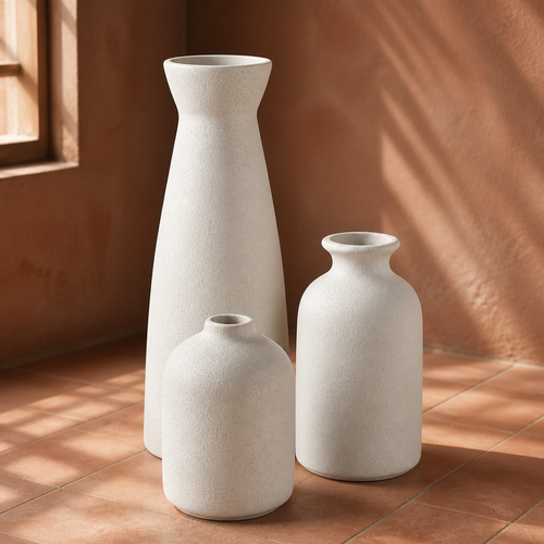 Set of three white speckled matte ceramic farmhouse bottle vases, 21 cm 12.4 cm and 6.6 cm tall