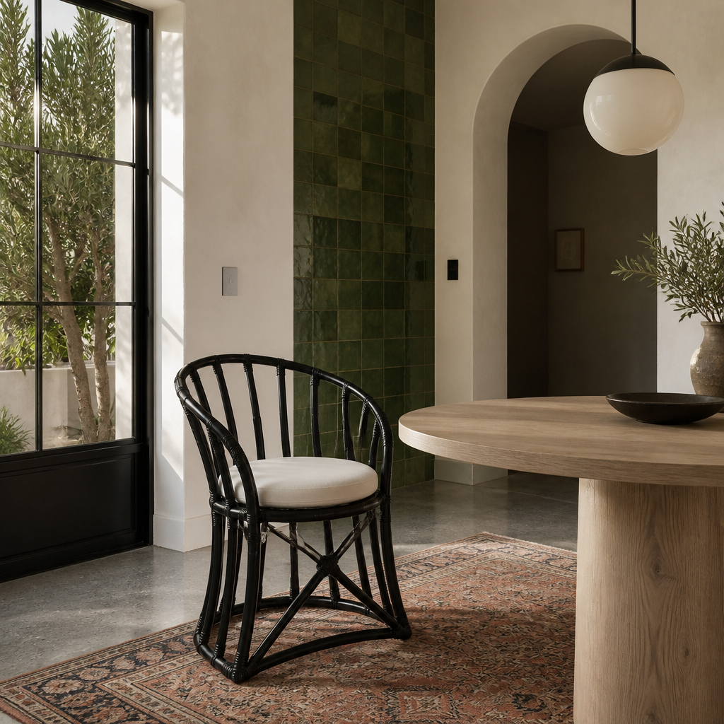 Black rattan accent chair at a round timber dining table on a faded persian runner