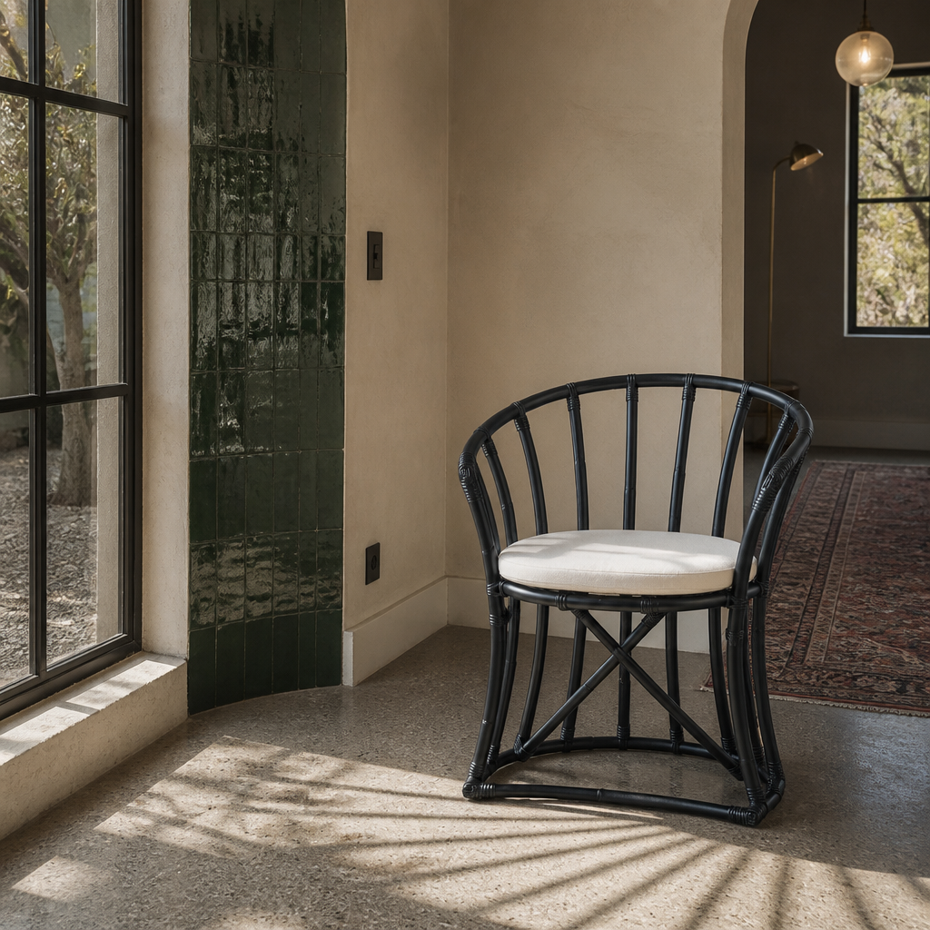 Black rattan accent chair in a reading corner beside a deep window reveal